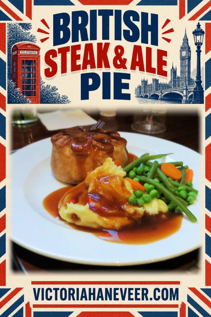 A steak and ale pie on a plate with carrots, peas, mashed potatoes and gravy, with text overlay saying "British Steak and Ale Pie".