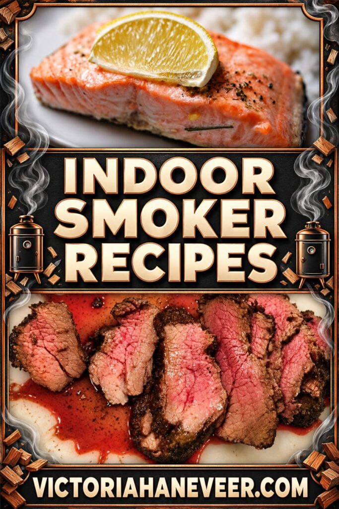 Indoor smoker recipes with salmon and tri-tip featured along with text overlay.