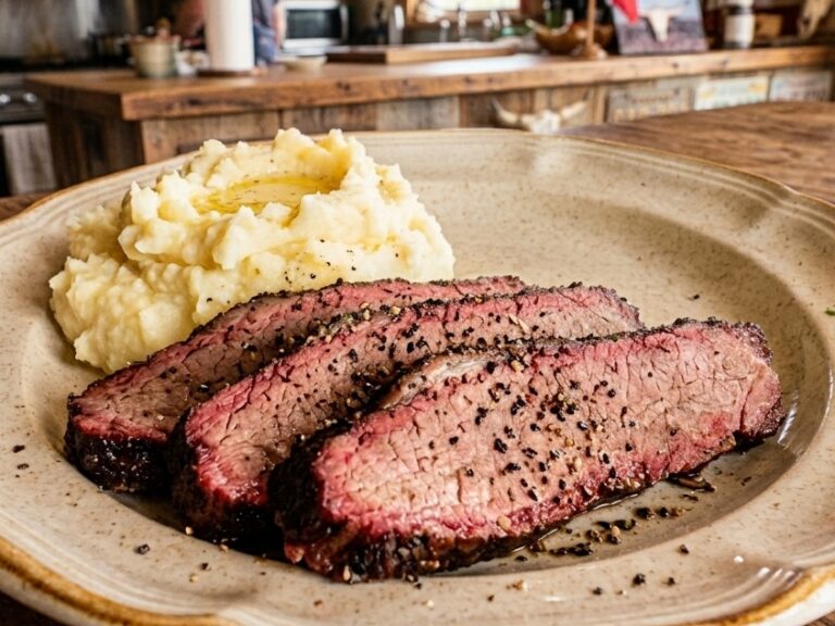 Tri-tip and mashed potatoes on a plate.