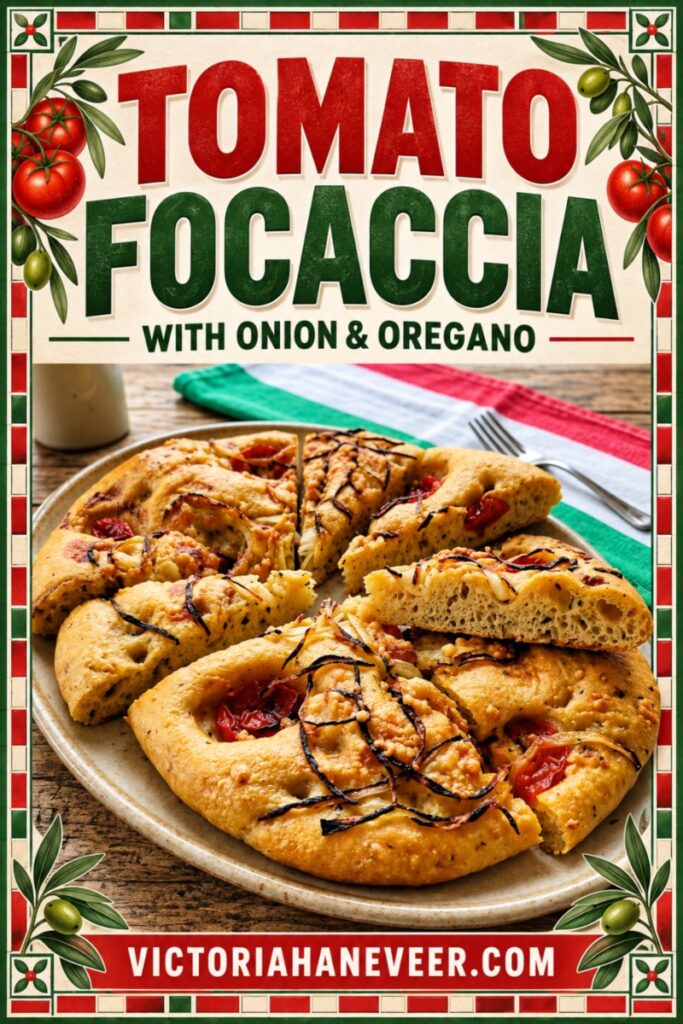 Tomato focaccia image with text overlay for Pinterest