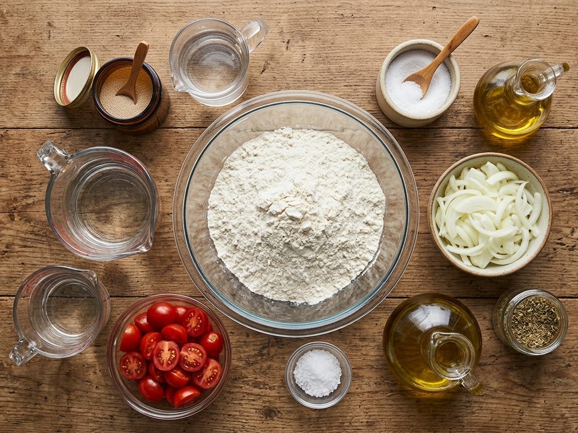 Flour, yeast, water, olive oil, salt, onion, cherry tomatoes and oregano arranged on a wooden table
