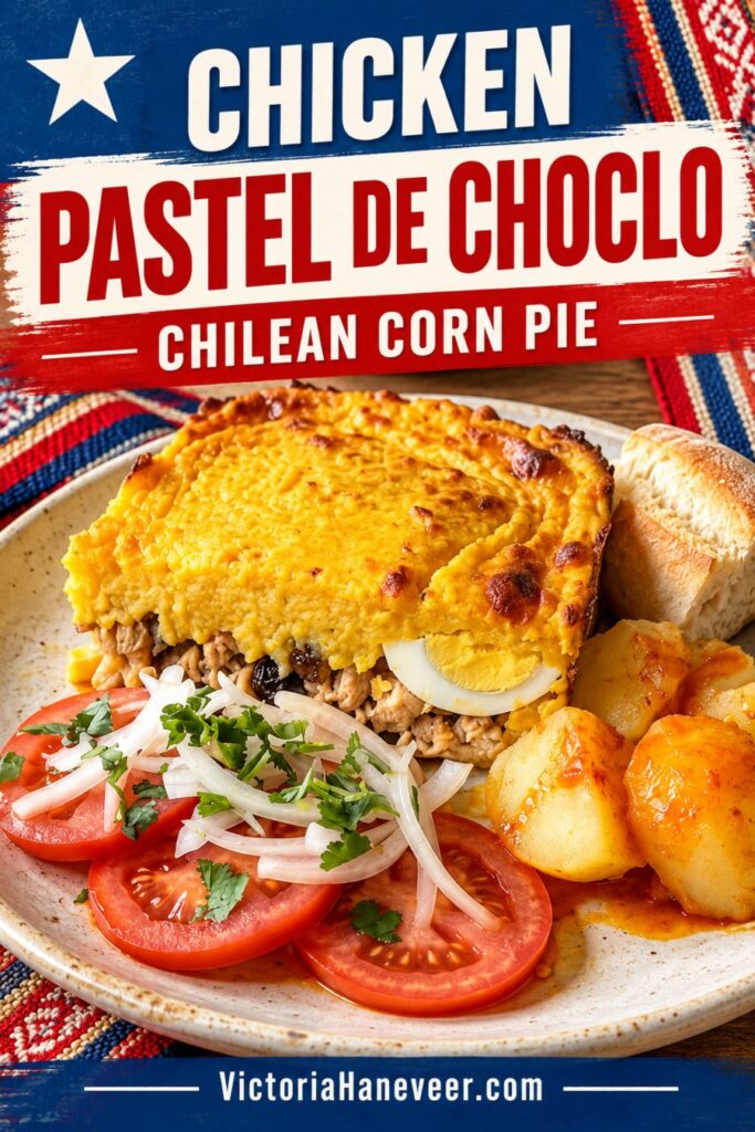 Chicken pastel de choclo on a plate with potatoes and tomatoes, and text overlay.