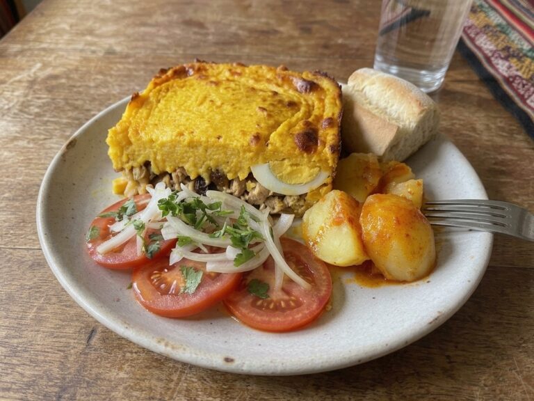 A plate of chicken pastel de choclo, served with potatoes and a tomato and onion salad.