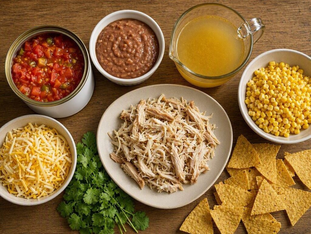 Ingredients for chicken tortilla soup with Rotel tomatoes.