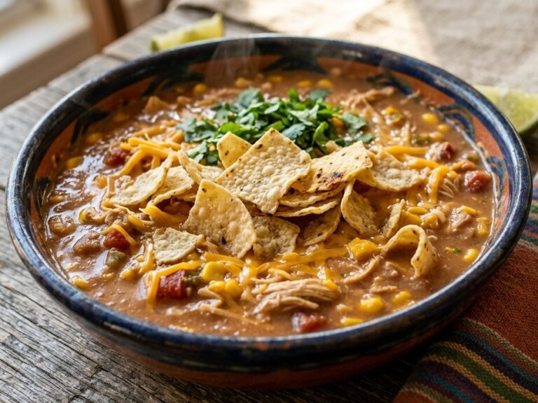 A bowl of chicken tortilla soup with cilantro and corn chips on top.