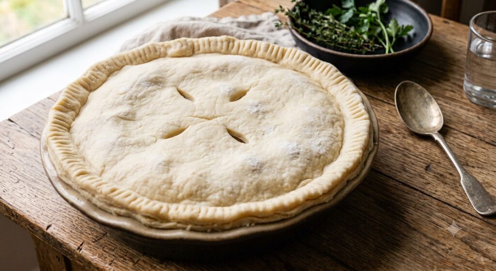 English chicken pot pie ready to go in the oven for baking.