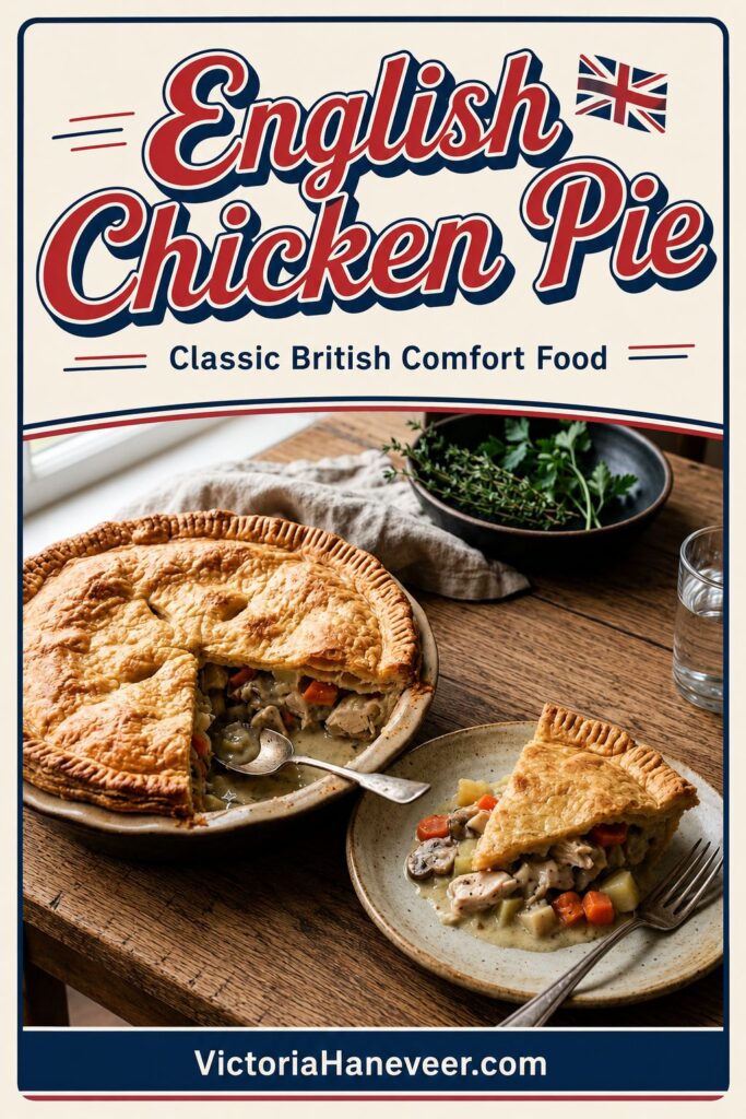 English chicken pie with a creamy sauce and mixed vegetables.