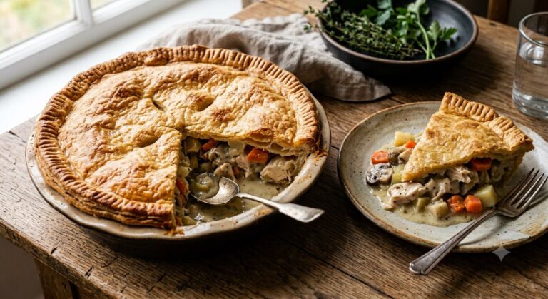 A baked English chicken pie with a slice cut out.