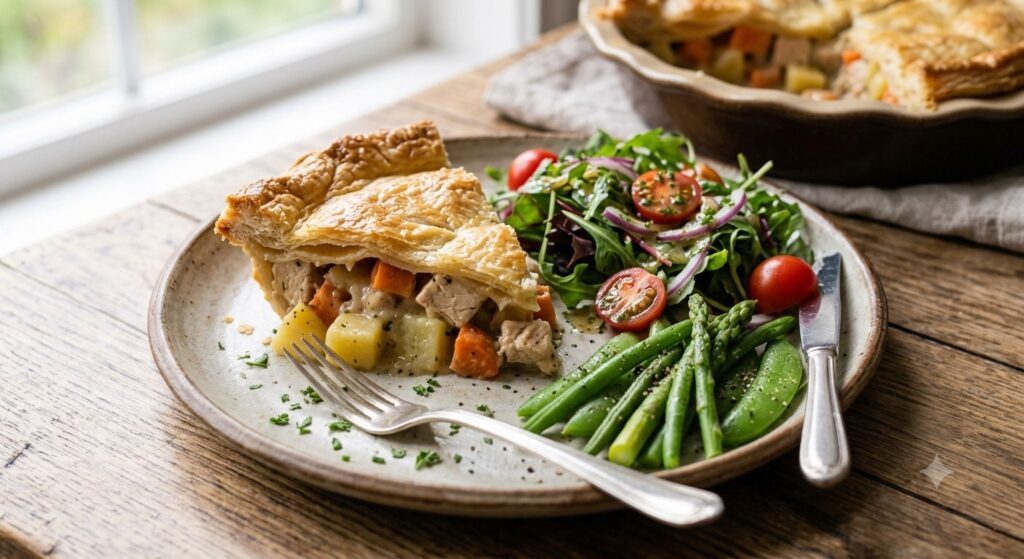 A slice of chicken pot pie served with veggies on the side.