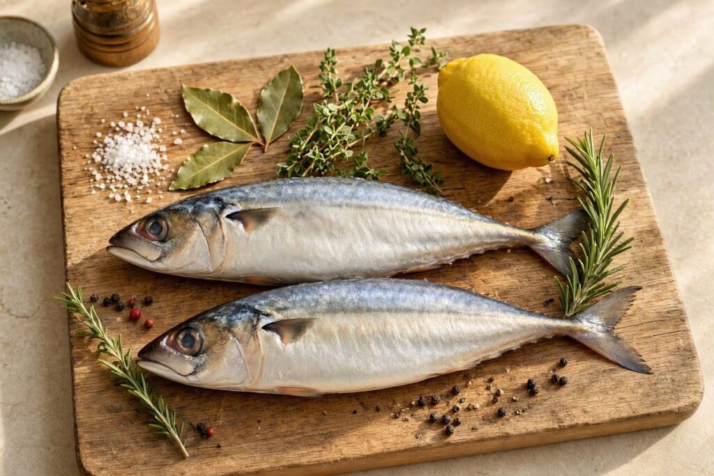 Ingredients for baked mackerel with lemon and herbs.