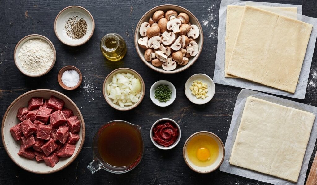 Beef, mushrooms, onion, garlic, rosemary, broth, tomato paste, egg and pastry arranged on a dark surface.