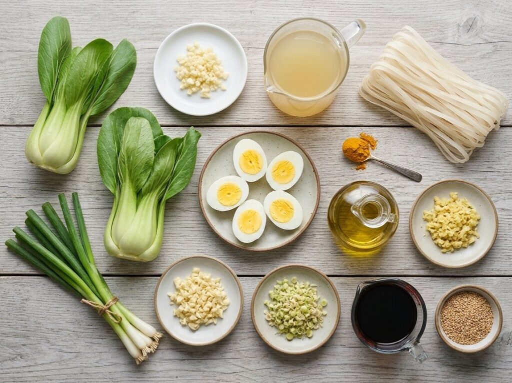 Ingredients for making bok choy soup with noodles and boiled eggs.