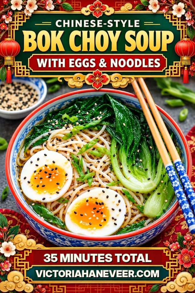 Bok choy soup in a serving bowl with chopsticks and text overlay.