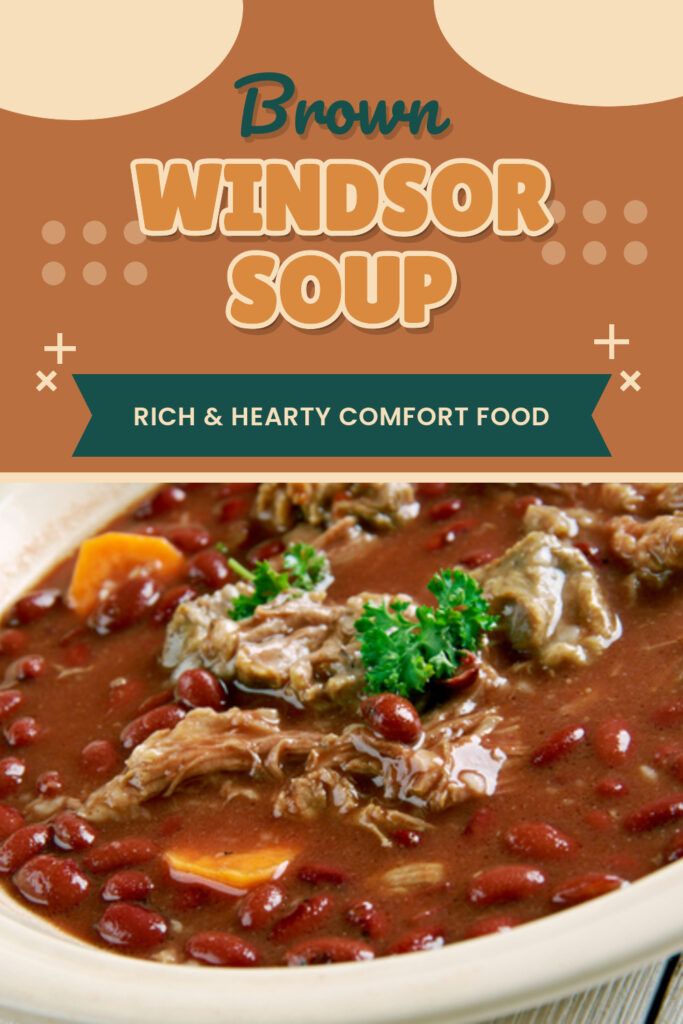 Brown Windsor soup with meat, root vegetables and beans, garnished with parsley.