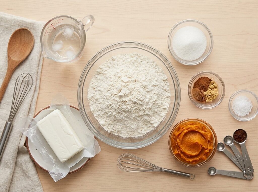 Ingredients for pumpkin empanadas, including flour, pumpkin puree, shortening, sugar, spices, salt and ice water.