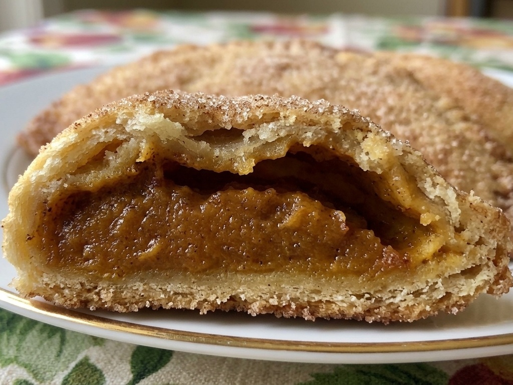 Close-up of a pumpkin empanada cut open to show the spiced filling and flaky pastry.