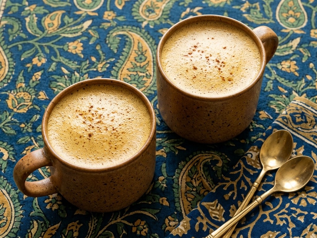 Two mugs of chai tea on a colorful tablecloth.