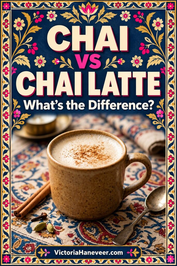 A mug of hot chai latte with text overlay.