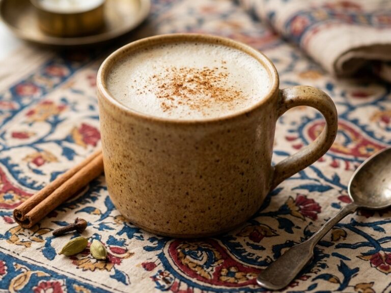 A mug of chai latte on a colorful tablecloth.