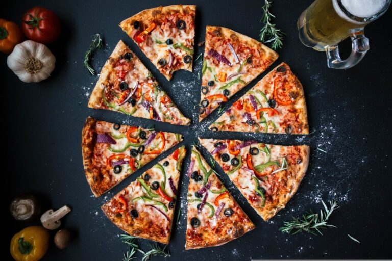 A pizza cut into eight slices.
