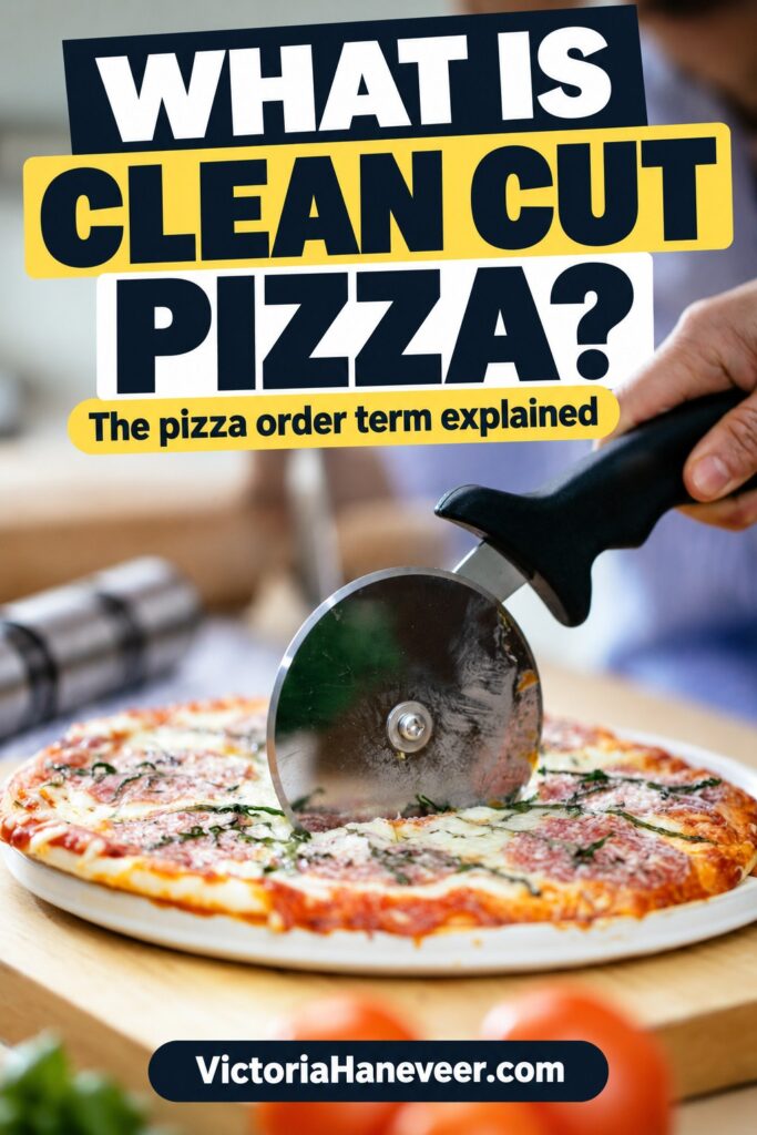 Slicing a pizza with a pizza wheel, with text overlay.