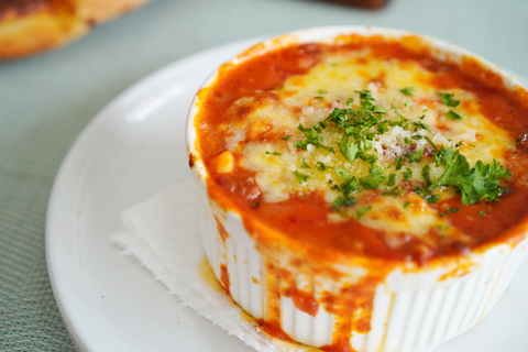 A ramekin of keto lasagna soup.