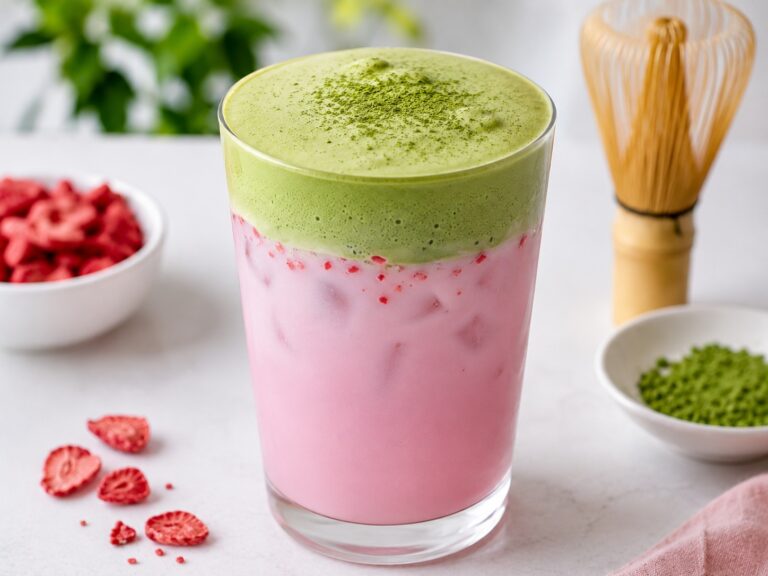 Starbucks inspired pink drink with matcha cold foam topping.