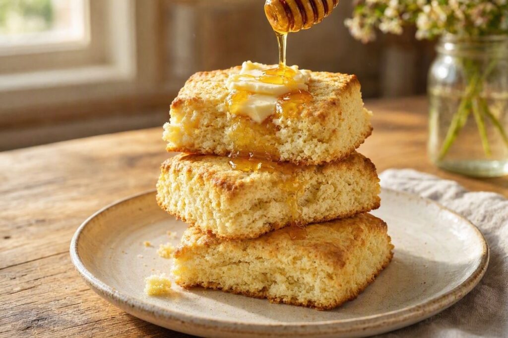 A plate of swim biscuits with butter and honey.