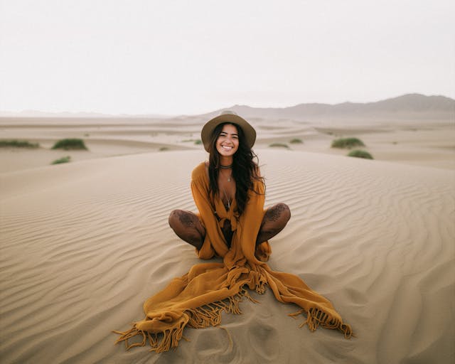 Woman sitting on the sand in a desert wearing a Dune-inspired yellow wrap and a hat, enjoying the outdoors