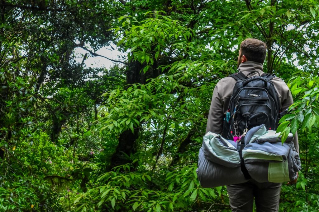 A man backpacking through a forest.