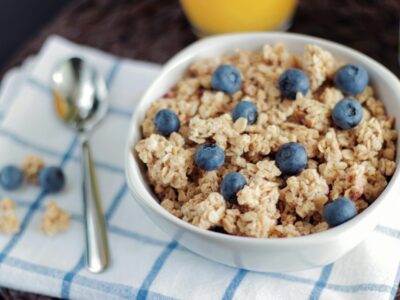 Bowl of granola and blueberries