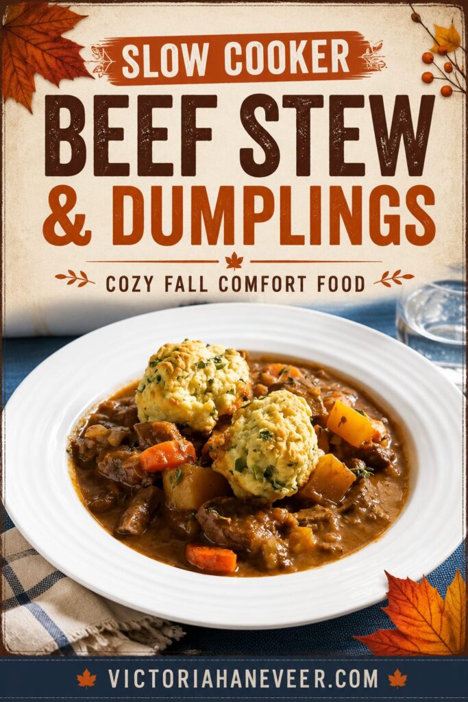 A bowl of beef stew with vegetables and herb dumplings.