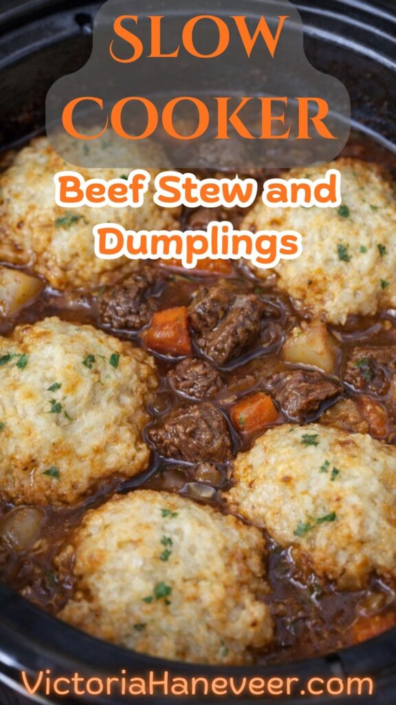 a slow cooker with beef stew and herb dumplings ready to serve