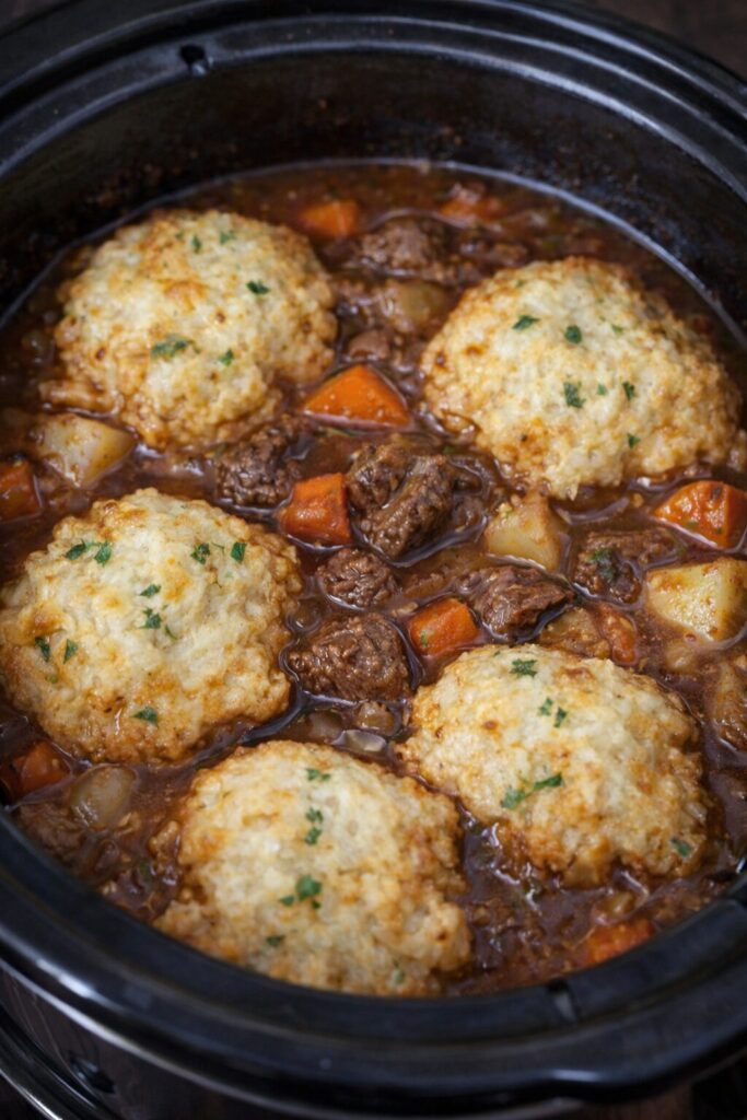 beef stew and dumplings in a Crockpot