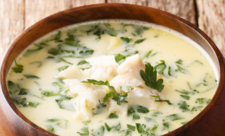 A bowl of cullen skink, a creamy Scottish soup.
