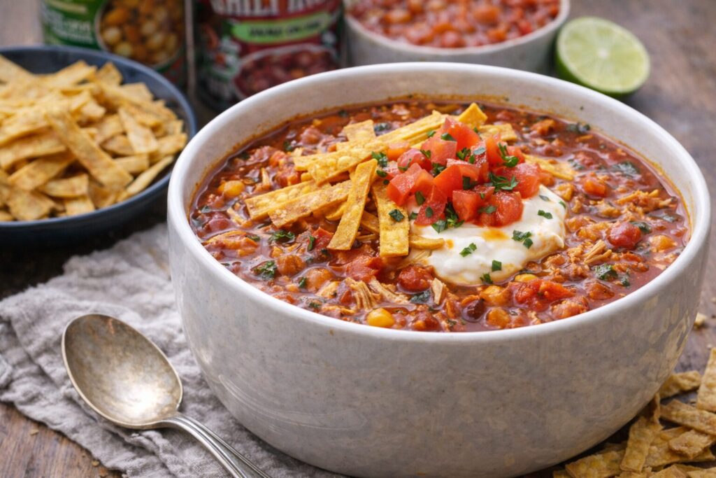 a bowl of spicy chicken soup with tortilla strips on top