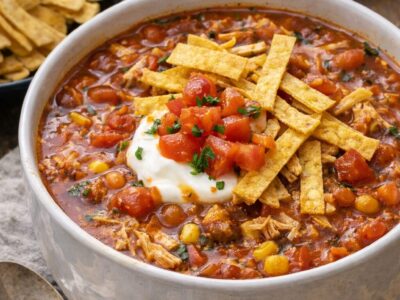 bowl of spicy chicken soup topped with tortilla strips, sour cream and chopped fresh tomatoes