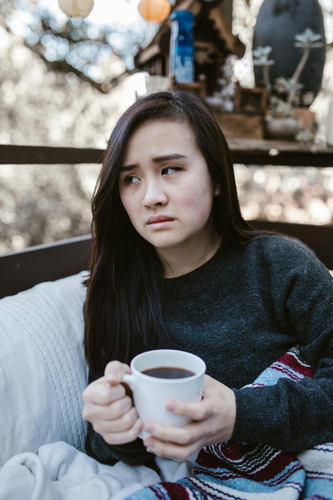 Unhappy girl who wants to complain about noisy neighbors