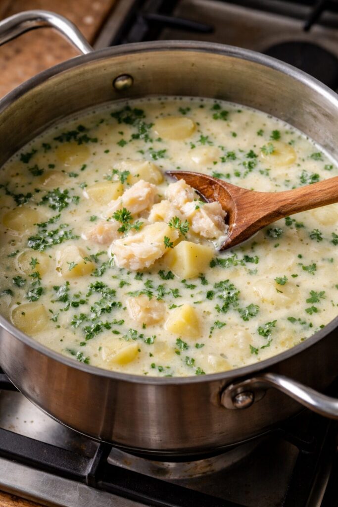 Cullen skink soup simmering in a pot on the stove with a wooden spoon in it.