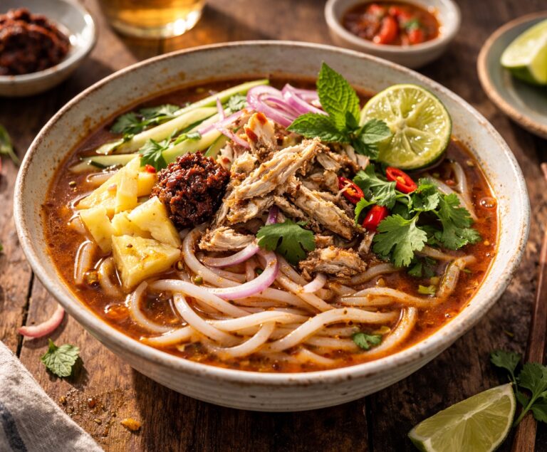 A bowl of Penang assam laksa soup with garnishes on a wooden table.
