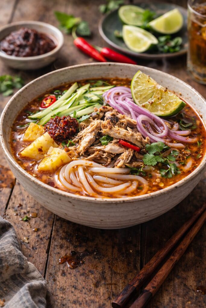 A delicious bowl of assam laksa Penang style with garnishes, ready to serve, on a wooden table.