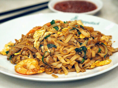 Malaysian char kway teow noodles with bean sprouts and egg