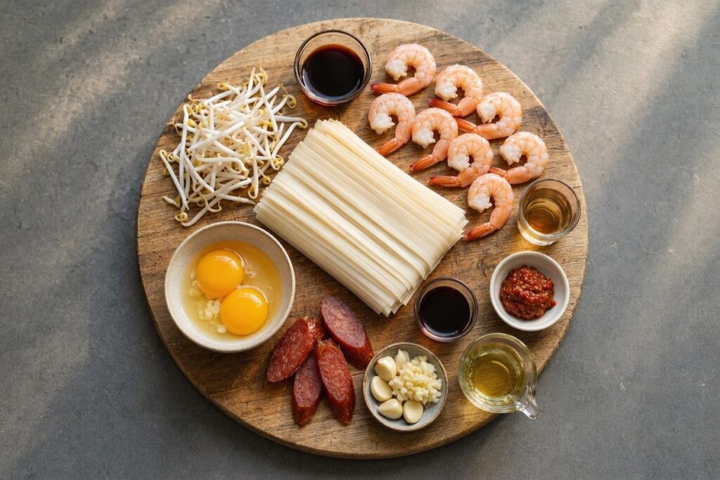 Ingredients for stir-fried Malaysian noodles with shrimp.