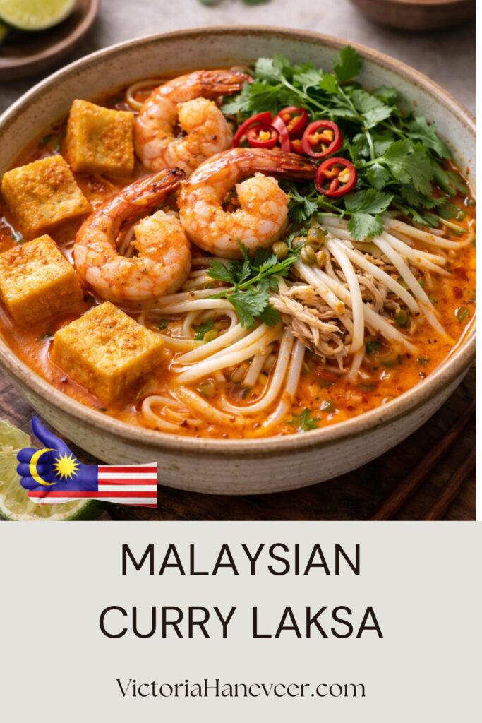 A bowl of curry laksa from Malaysian cuisine with tofu and shrimp
