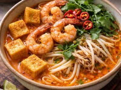 A bowl of prepared Malaysian curry laksa with coconut milk, noodles, cilantro, chilies and more