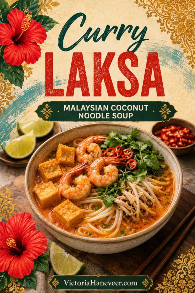 A bowl of curry laksa with shrimp, tofu and vegetables.