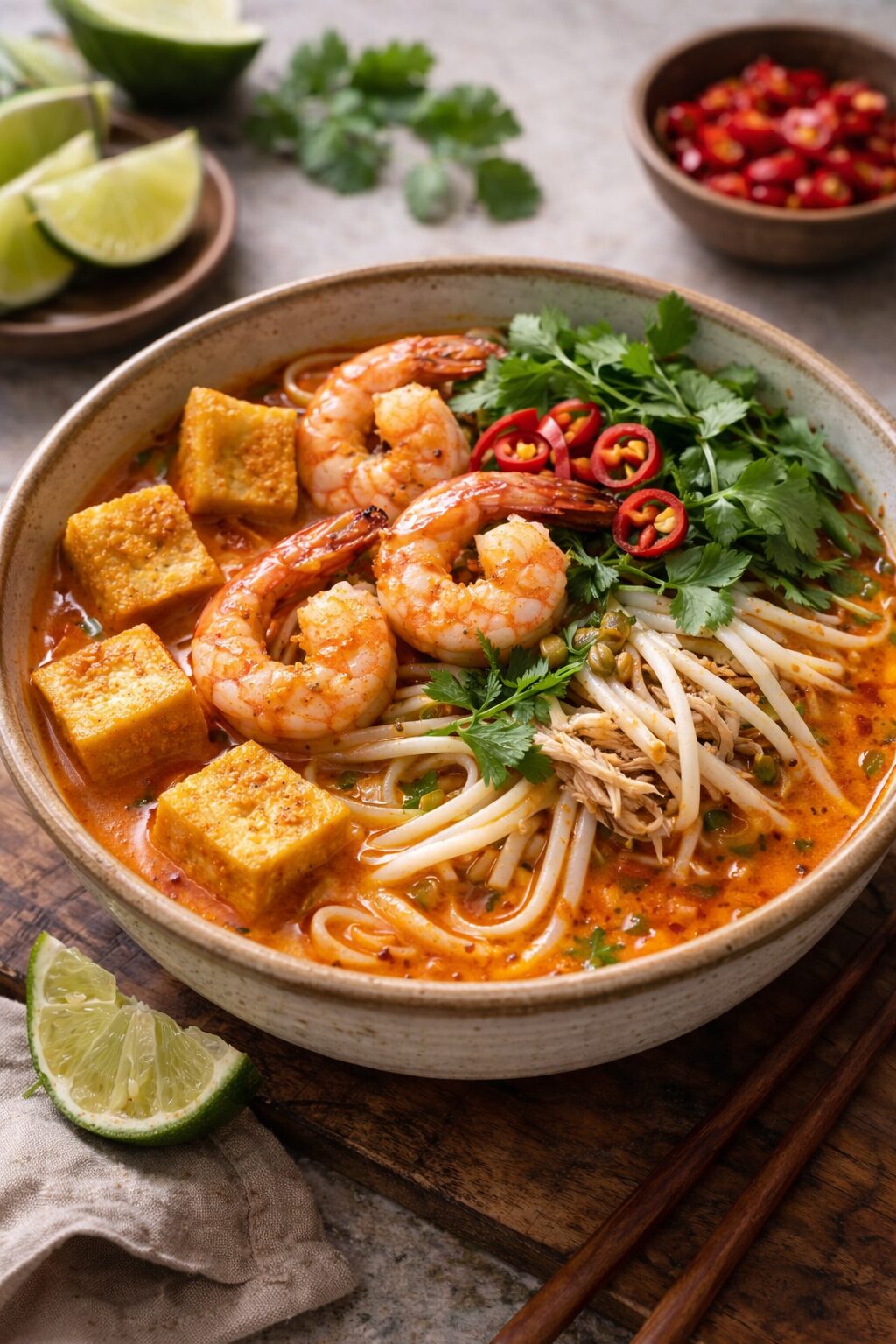A bowl of prepared Malaysian curry laksa with coconut milk, noodles, cilantro, chilies and more