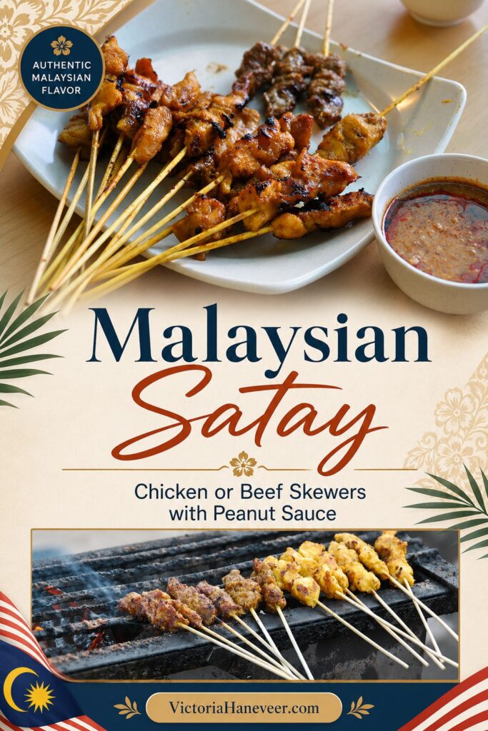 Beef satay and chicken satay cooking on a grill.