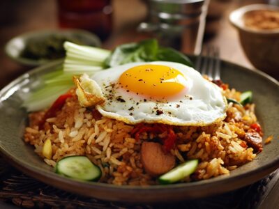 Plate of nasi goreng Malaysian fried rice with sunny side egg.