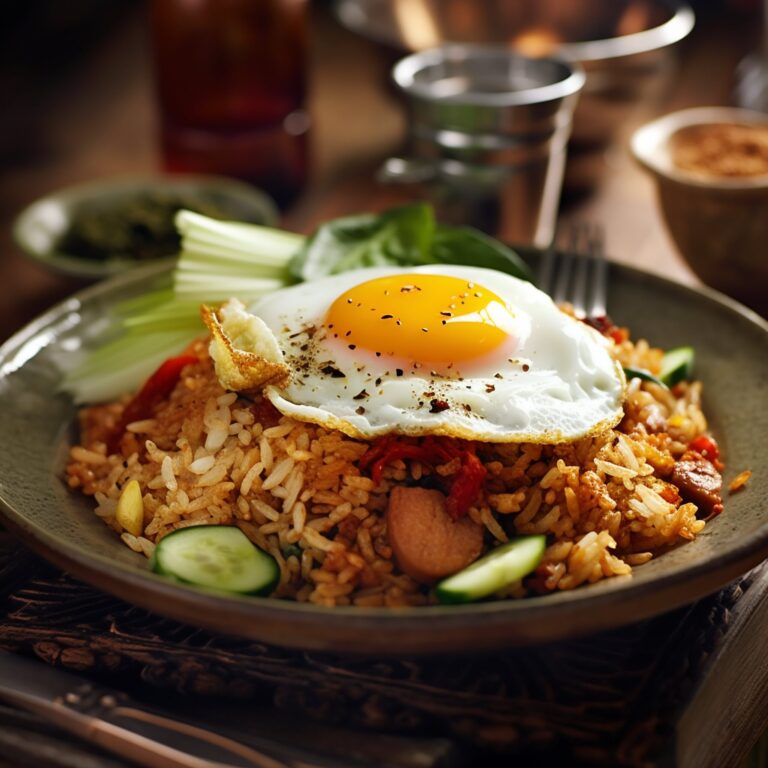 Plate of nasi goreng Malaysian fried rice with sunny side egg.